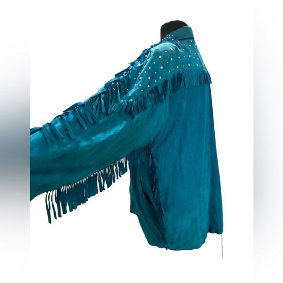 Vtg 80s Suede Fringe Rhinestone Western Oversized Jacket M Western Maximalist - Picture 4 of 7